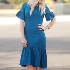 Junieblake Kaliope Teal Hi Low Ruffle Modest Dress Midi Elbow Sleeve Size Medium